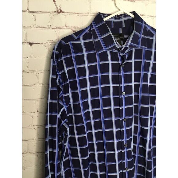 Cezani  Men's L Large Button Up Shirt Long Sleeve Blue Purple Check /Plaid * - Picture 9 of 12